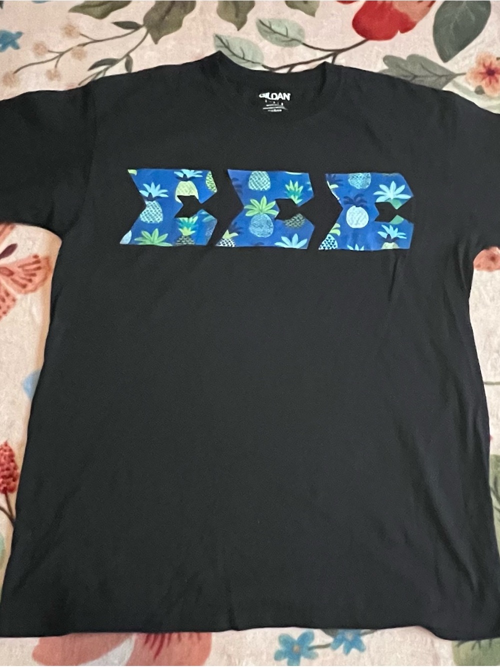 Gildan Black Tee with Blue Pineapple Stripe Graphic